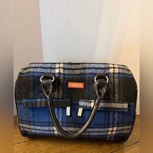 SACHI insulated cooler lunch tote bag in a blue tartan flannel design